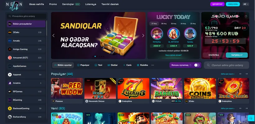 Neon Club Casino-dan səxavətli bonuslar və promokodlar